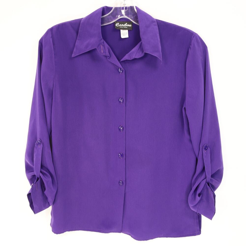 Vintage Caribou Top Women Small Purple Roll Tab Long Sleeve Slits Button Down